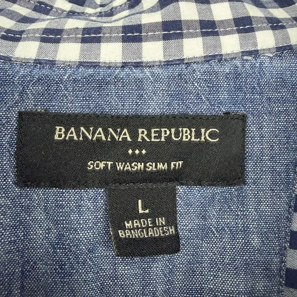 Banana Republic Navy Gingham Check Slim Fit Button Down Shirt Men's L